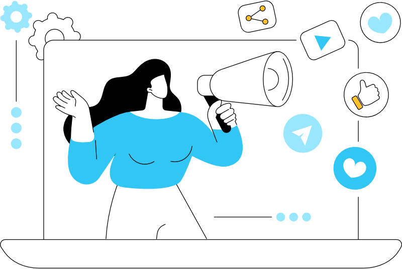 A woman standing on a laptop with a megaphone