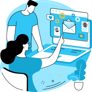 A woman working on a laptop making engaging content while collaborating with a male coworker