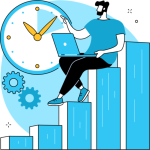 A man sitting on a bar graph working on his laptop with a clock near by