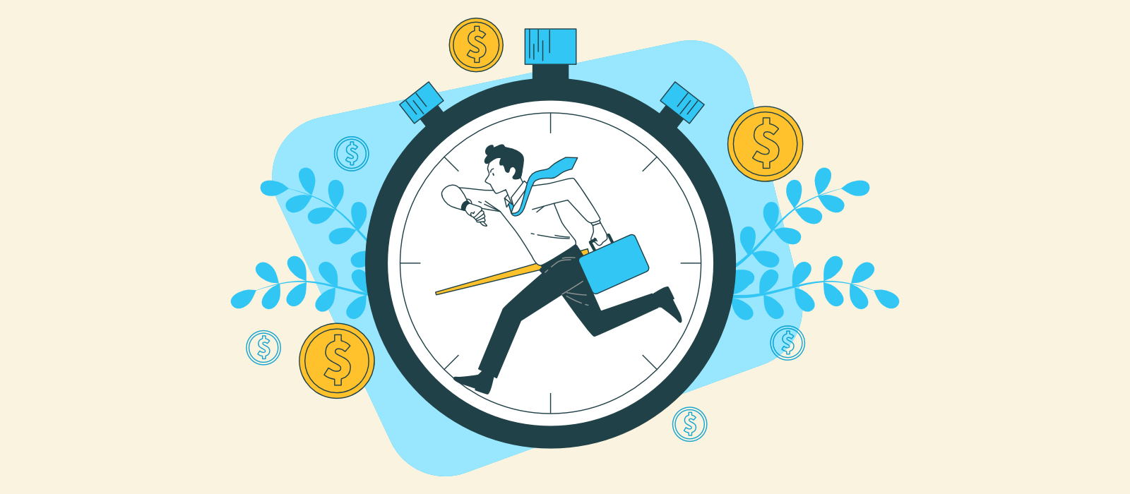 A man in the middle of a stop watch running to get work done with money around him