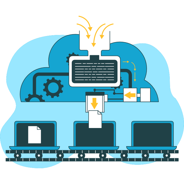 An illustration of a cloud based AI Tool taking in data and turning it into documents
