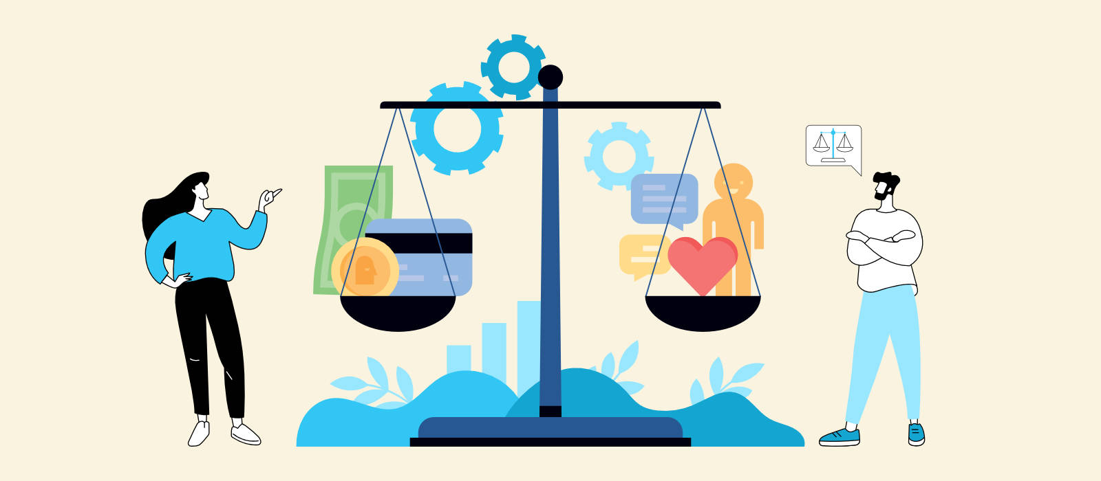 A man and woman discussing how to balance monetary and ethical considerations with a giant scale in the centre balancing everything.