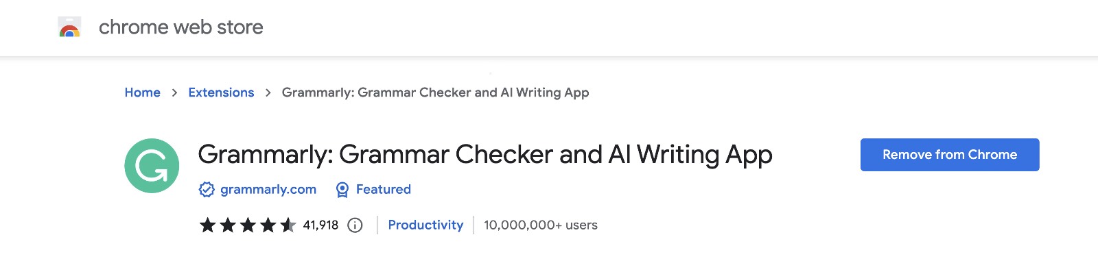 Grammarly Chrome Extention A screenshot of the Grammarly Chrome Extention in the Chrome store.