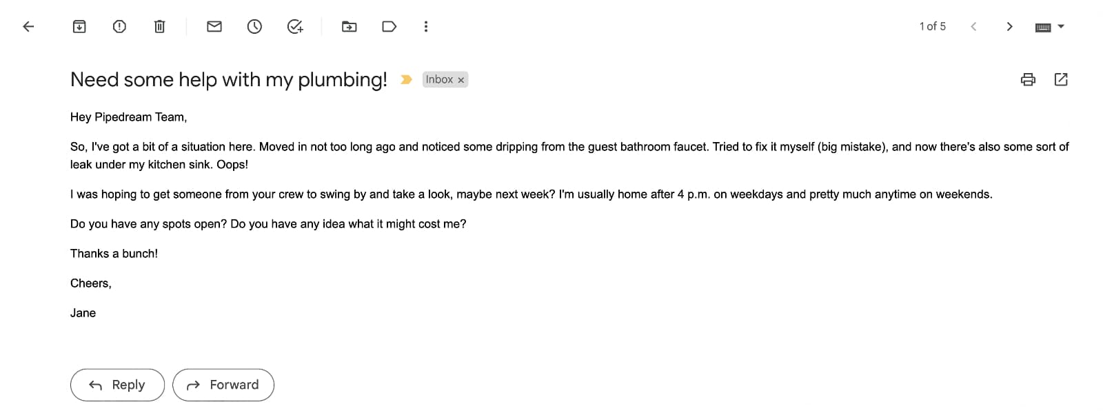 GrammarlyGO Inbox Zero Demo Email a screenshot of the demo email sent by Jane to Pipedream Plumbing Pros