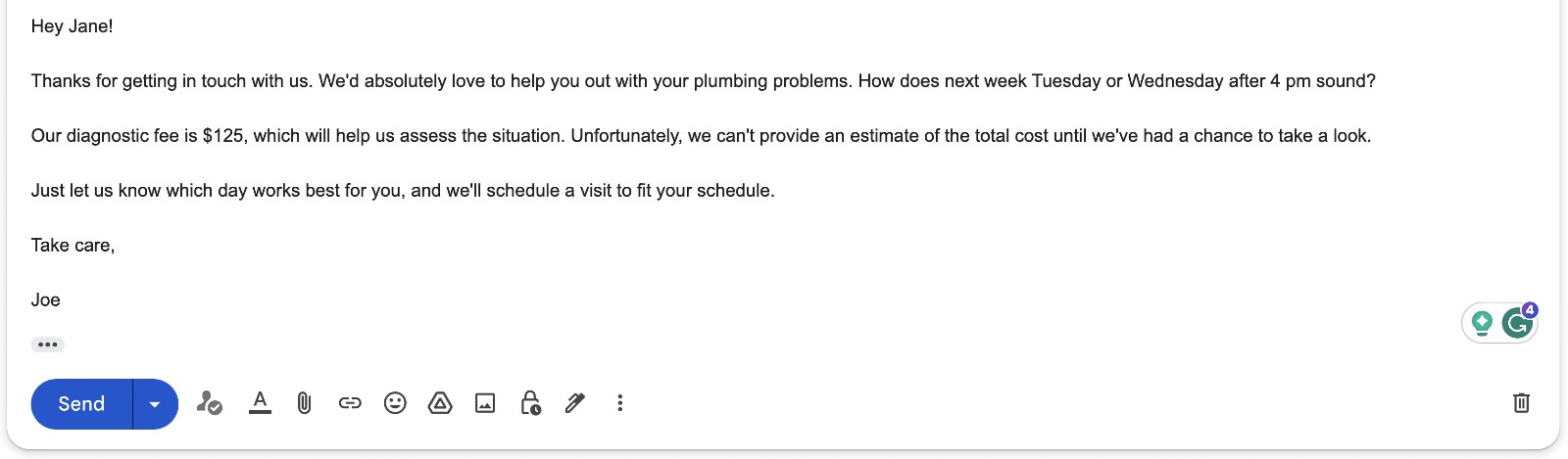 GrammarlyGO Quick Finalizing and Sending A screenshot of the final email Joe is going to send after creating it with GrammarlyGO