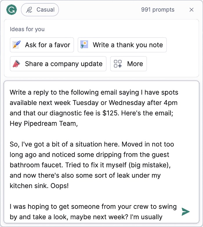 GrammarlyGO Quick Draft Prompt A screenshot of the quick prompt used by Joe in GrammarlyGO to reply to Jane's email.