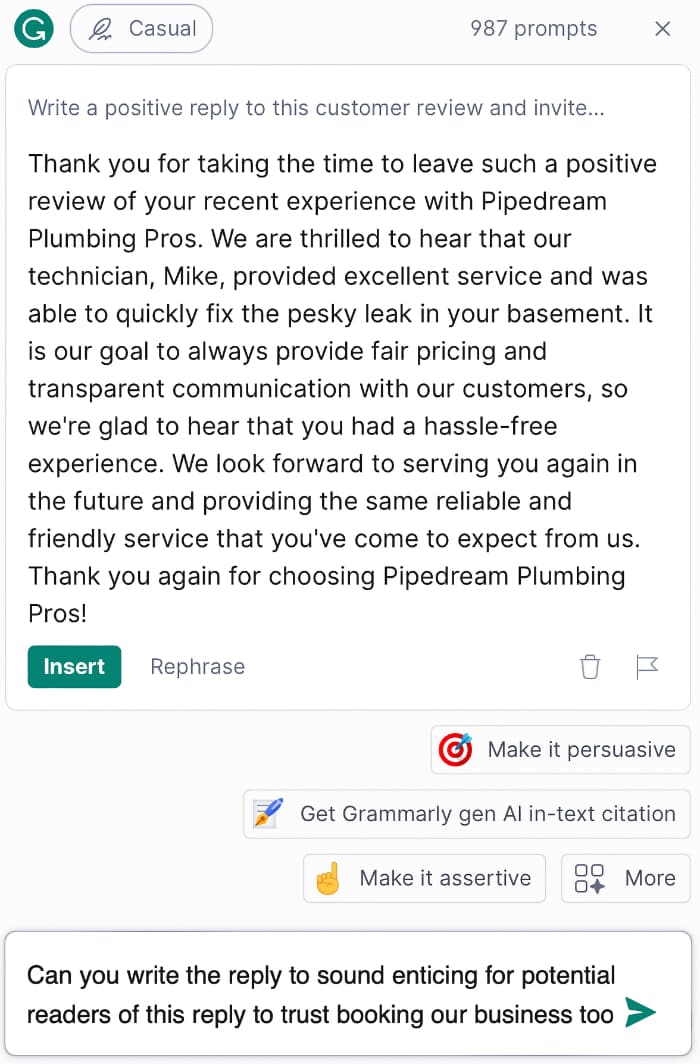 GrammarlyGO Amp It Up Prompt A screenshot of the prompt Joe is using to help his review sound more convincing for new potential customers to trust booking his services