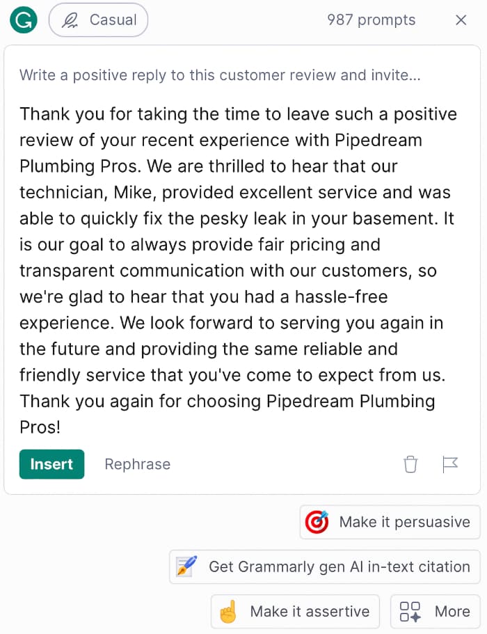 GrammarlyGO Customer Review Draft Response A screenshot of the draft response t Joe's new 5-star review created by GrammarlyGO