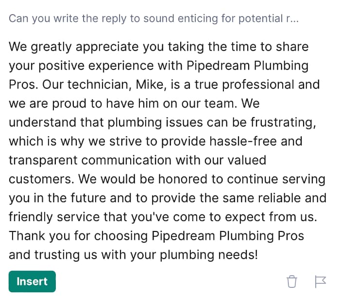 GrammarlyGO Customer Review Rewrite A screenshot of the review reply that GrammarlyGO rewrote based off of Joe's rewrite prompt