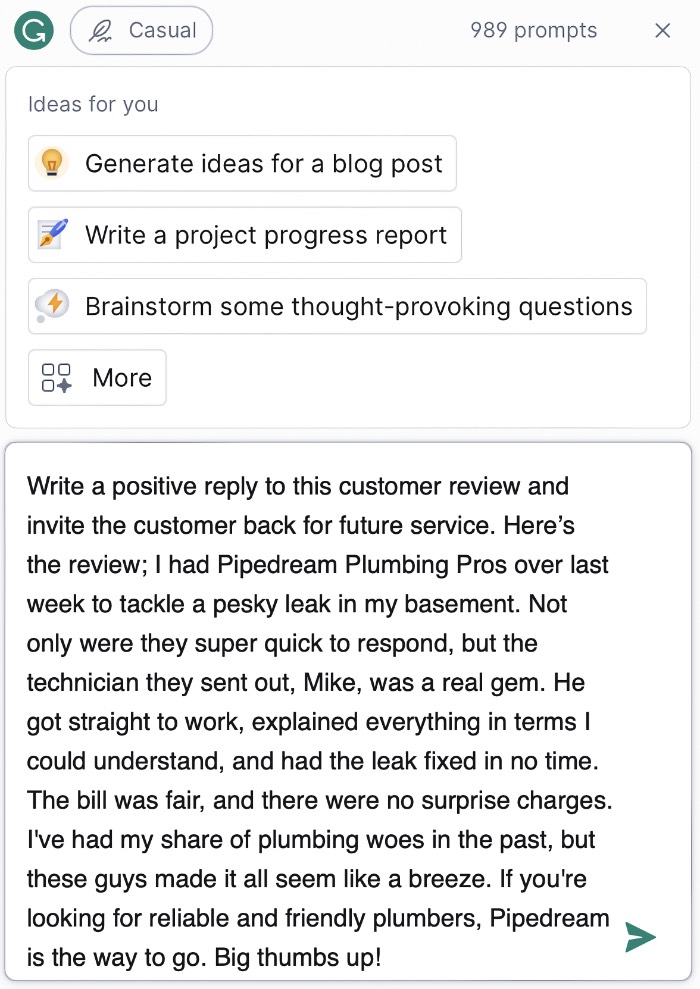 GrammarlyGO Simple Review Prompt A screenshot of the prompt used by Joe in GrammarlyGO to create a simple draft reply to his 5-star customer review.
