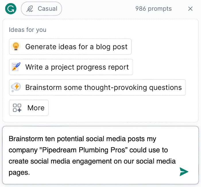 GrammarlyGO Social Media Brainstorm Prompt A screenshot of a prompt used to brainstorm ideas for social media content