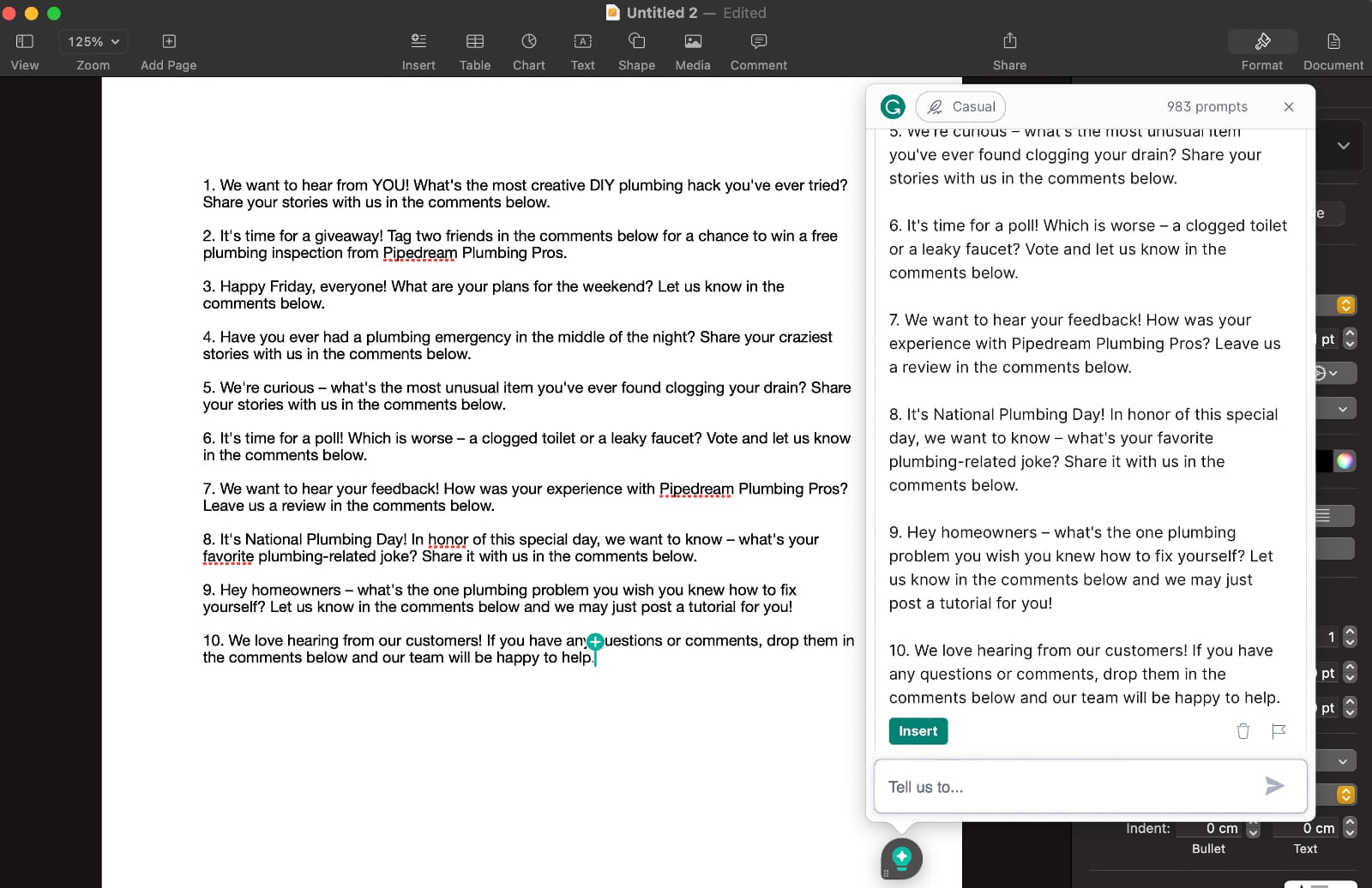 GrammarlyGO Social Media Ideas A screenshot of the ten engaging social media ideas GrammarlyGO created being inserted into an Apple Pages document.