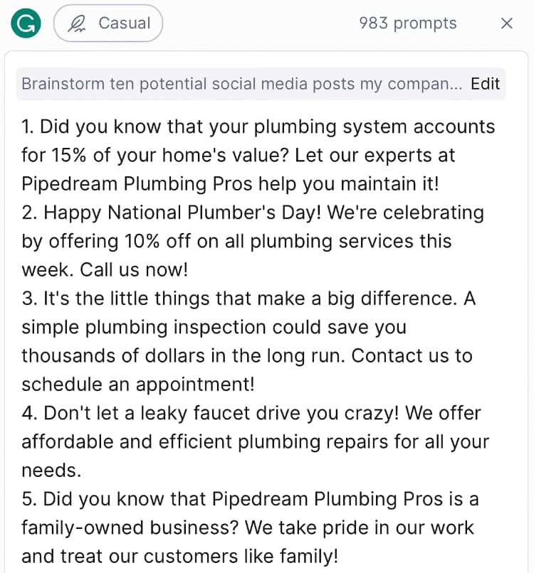 GrammarlyGO Social Media Draft Post Ideas A screenshot of the social media post ideas it created, but are pretty basic looking.