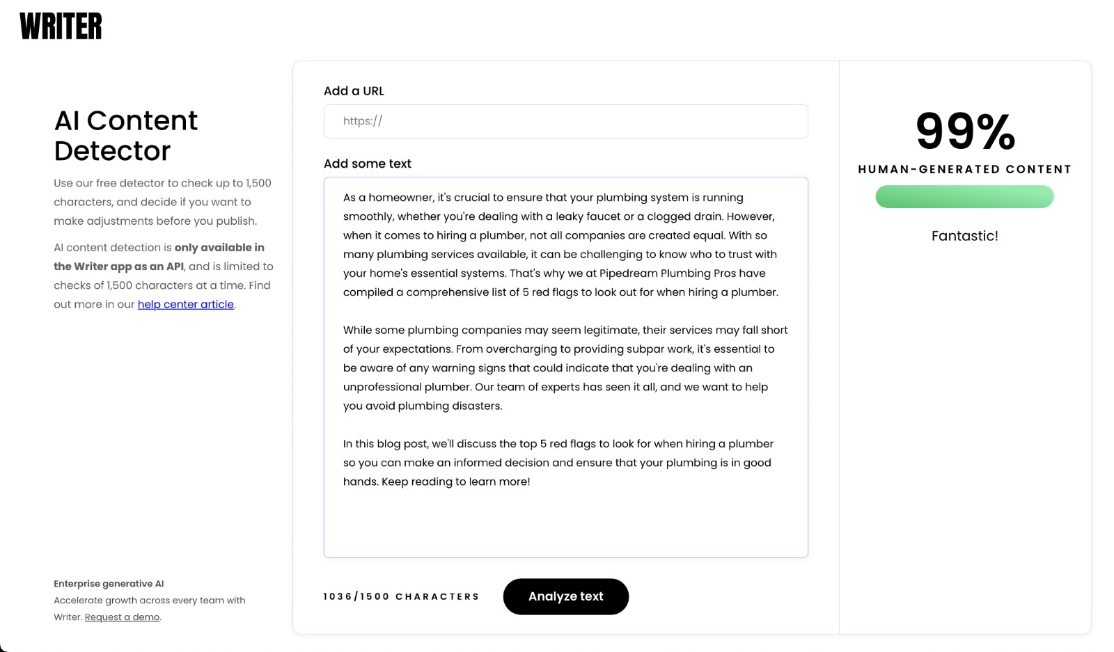GrammarlyGO Writer Detector Test Results A screenshot of the results from Writer showing a 99% human generated content detected