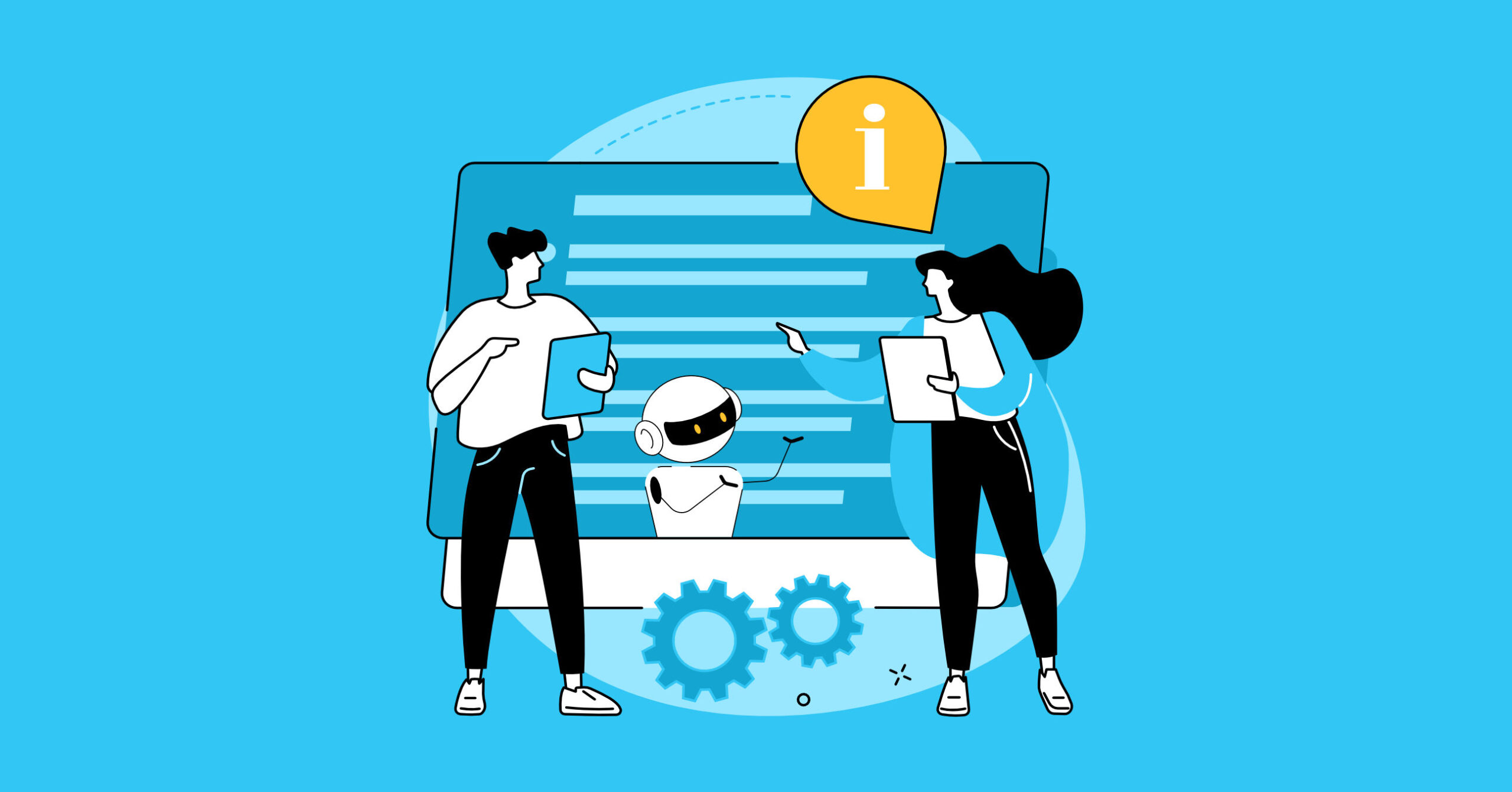 Two employees discussing how to get work done in front of a computer screen with an AI bot on the display