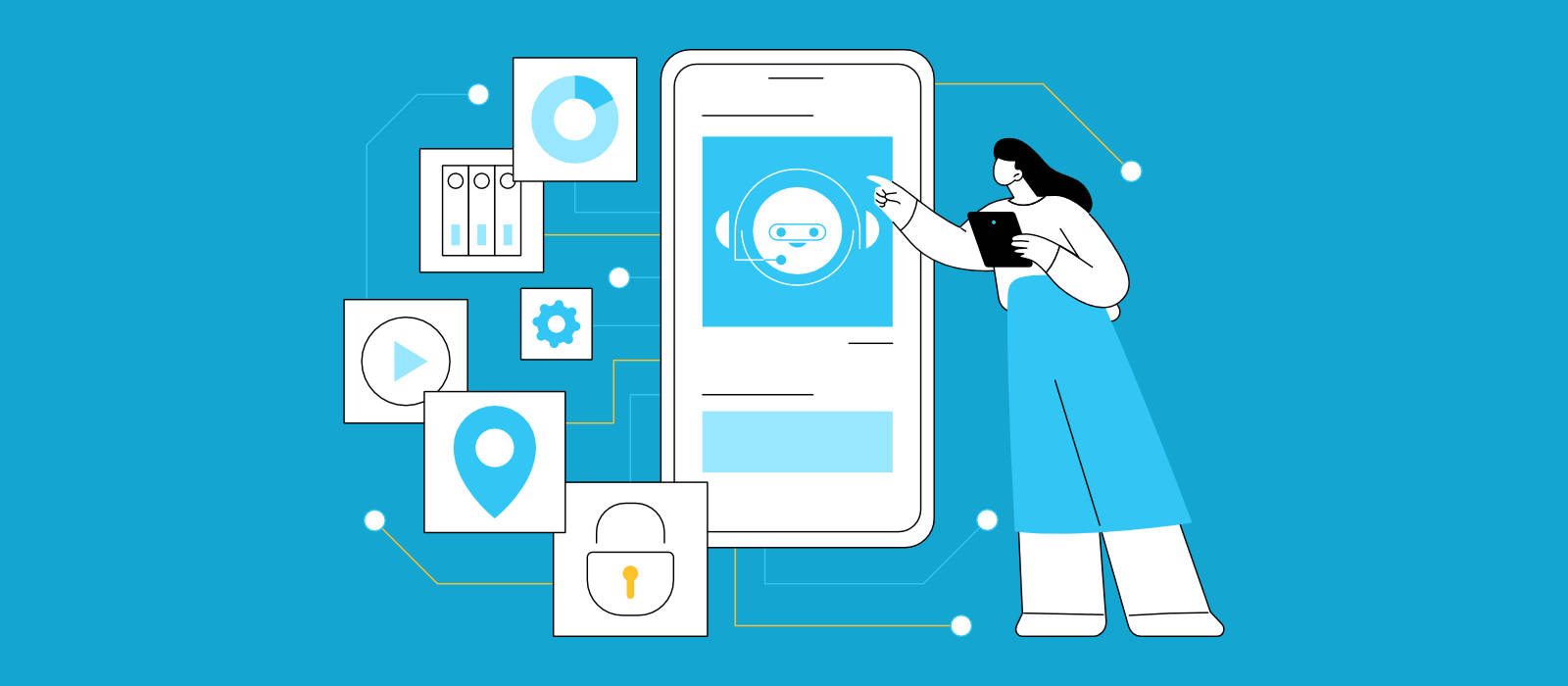 A woman tapping on a mobile phone with an AI chatbot, programing different tasks AI can automate