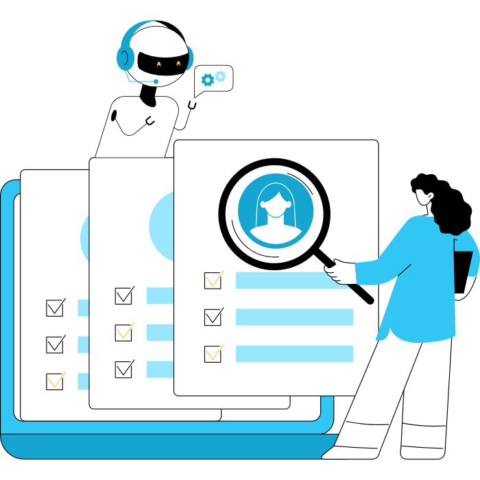 A woman reviewing resumes on a laptop while holding a magnifying glass and an AI bot is assisting her