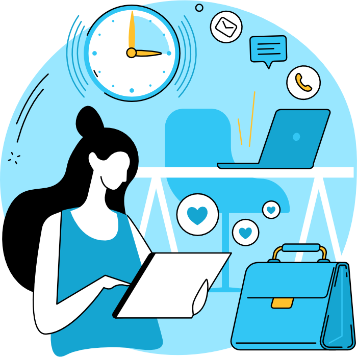 A woman is ignoring her work and instead on a tablet browsing social media