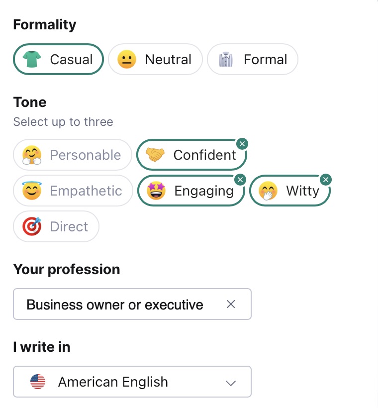 Personalized Content to Match Your Voice A screenshot of the personalization settings in GrammarlyGO, including formality and tone settings.