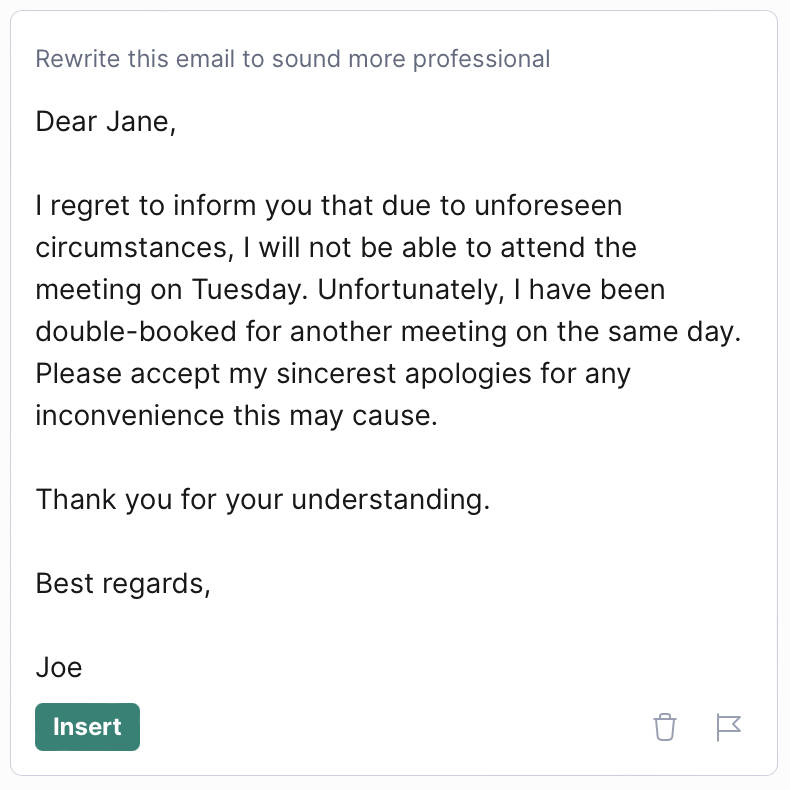 Powerful AI Content Creation A screenshot of GrammarlyGO rewriting an email to sound more professional.