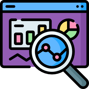 An icon of a computer window with a magnifying glass looking at data points