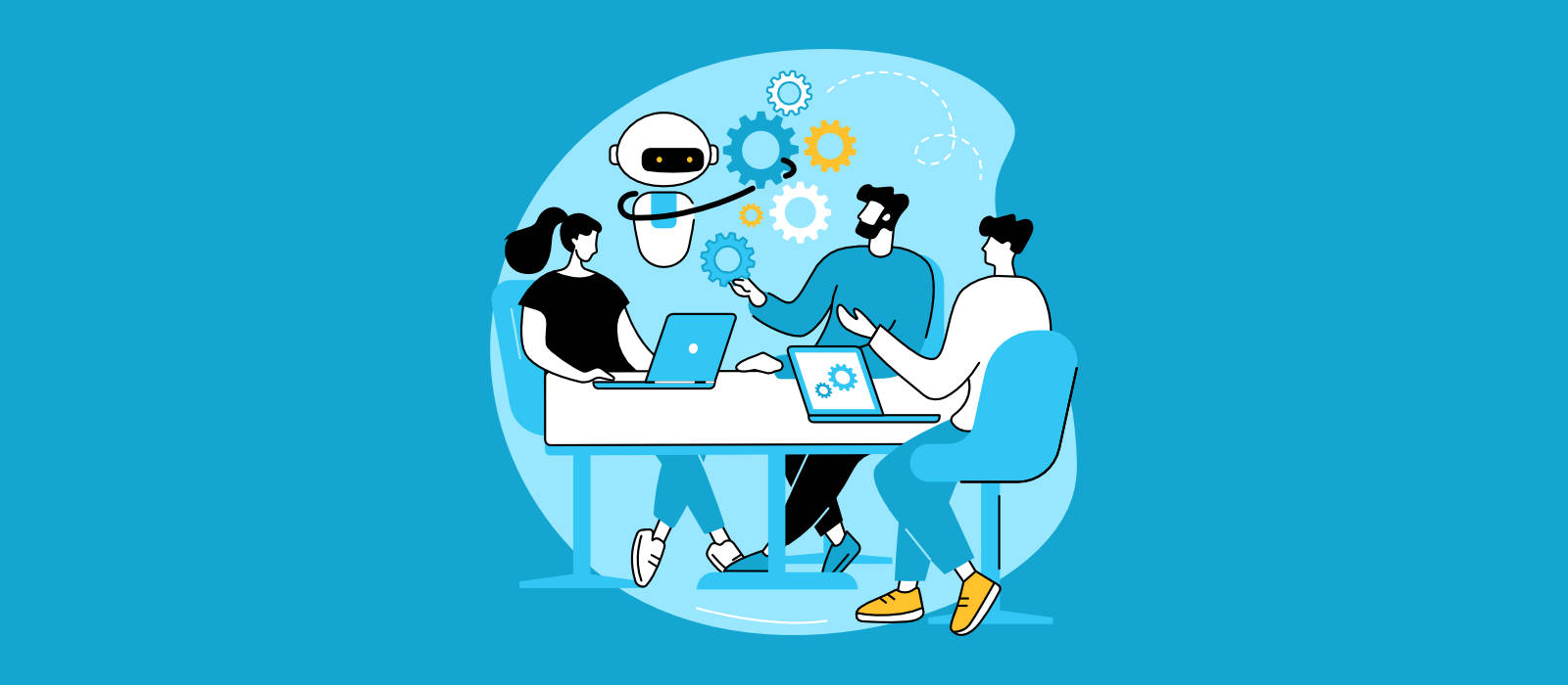 A group of coworkers gathered at a table discussing how to complete a task with the assistance of an AI bot