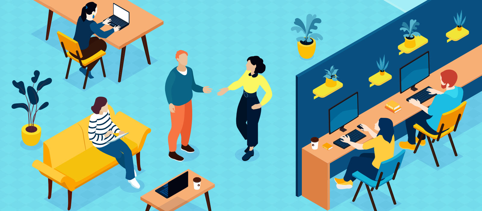 A workplace with six employees working at different workstations in a casual office setting