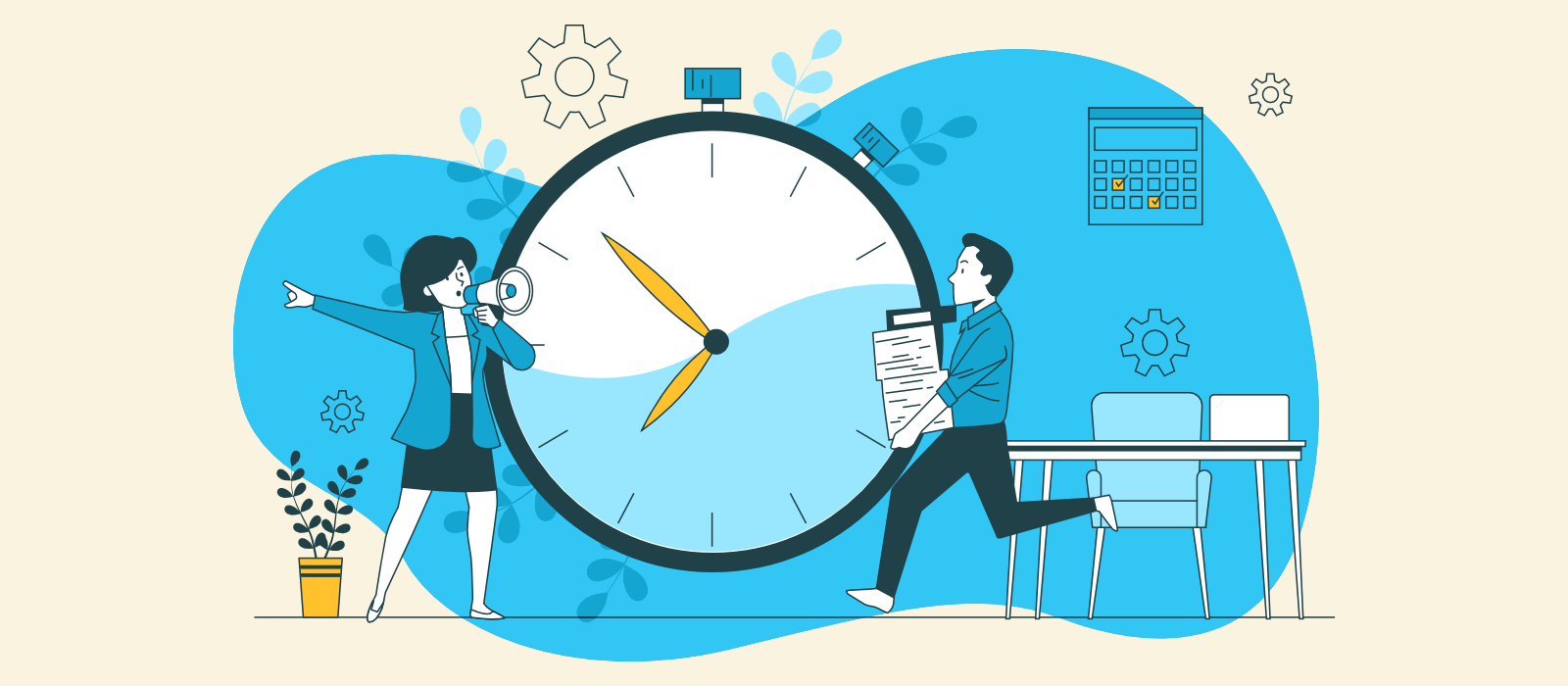 A man running with a stack of papers in front of a giant clock attempting to manage his time.