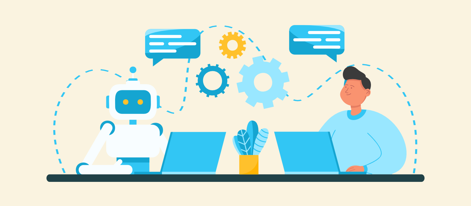 The Rising Importance of AI Content in Digital Marketing A man and an AI bot both working on their laptops at a table creating content together