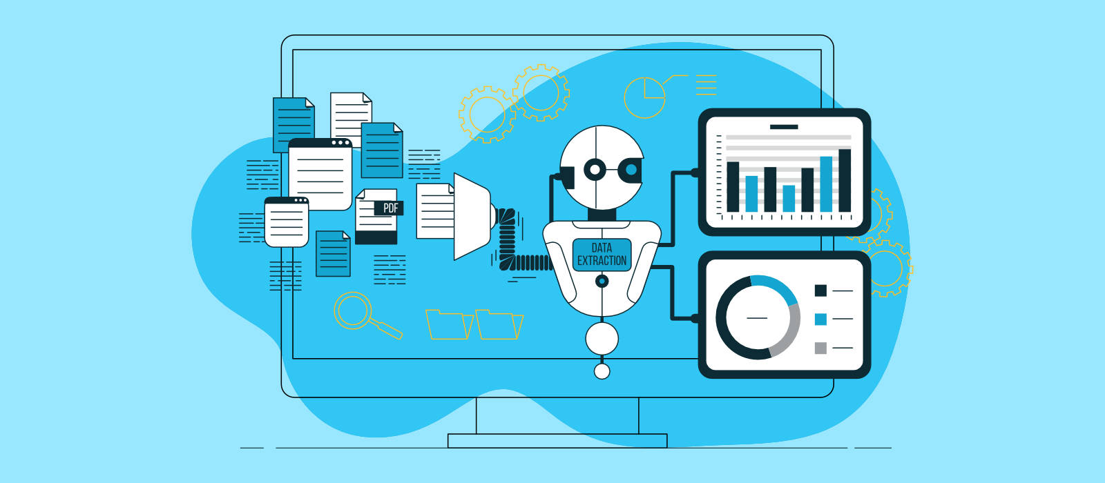 An AI robot extracting data in order to analyze it and create helpful outputs reducing repetitive tasks at work