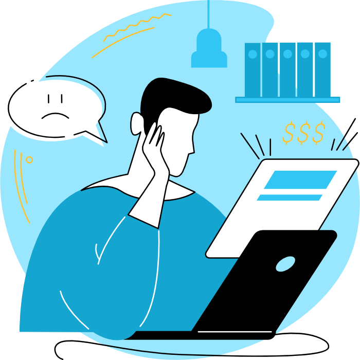 A man disappointed by the high cost of an invoice he just received on his computer