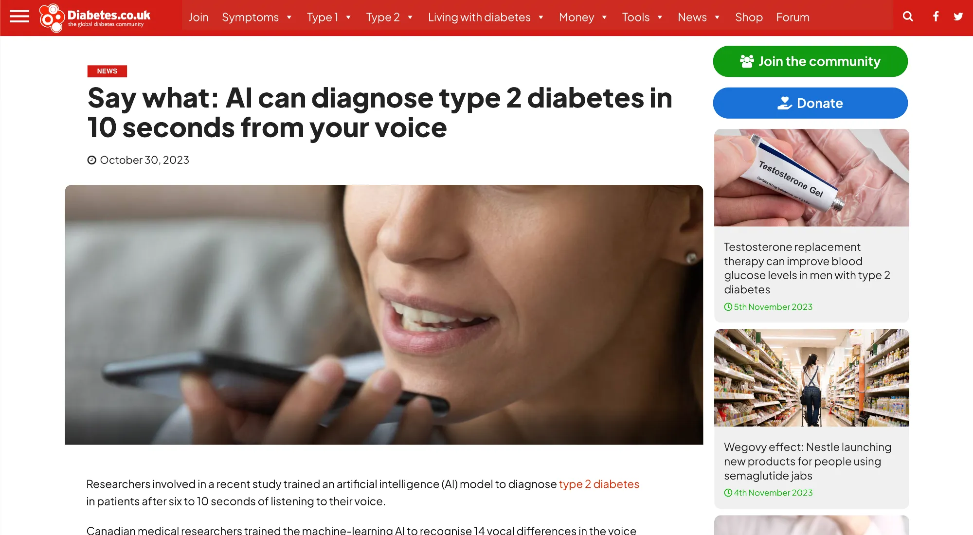AI Can Identify Type 2 Diabetes Using Your Voice A screenshot of the article from diabetes.co.uk talking about how AI has been trained to detect type 2 diabetes with your voice in just 10 seconds.