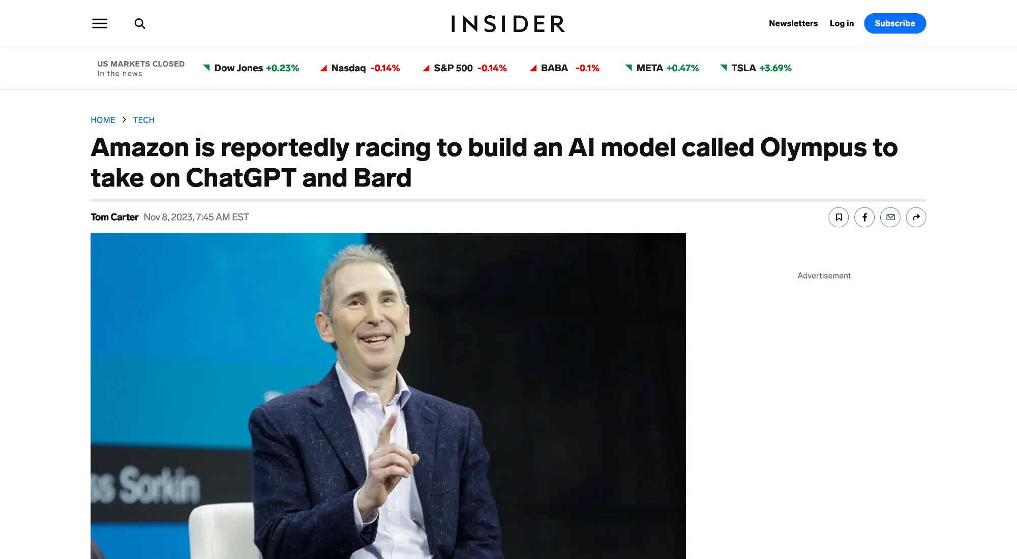 Amazon Is Stepping up Its AI Game With Olympus A screenshot of the Business Insider article discussing the report of Amazon's new AI Olympus that's in development.