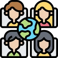 An icon of four different people with a globe in the centre