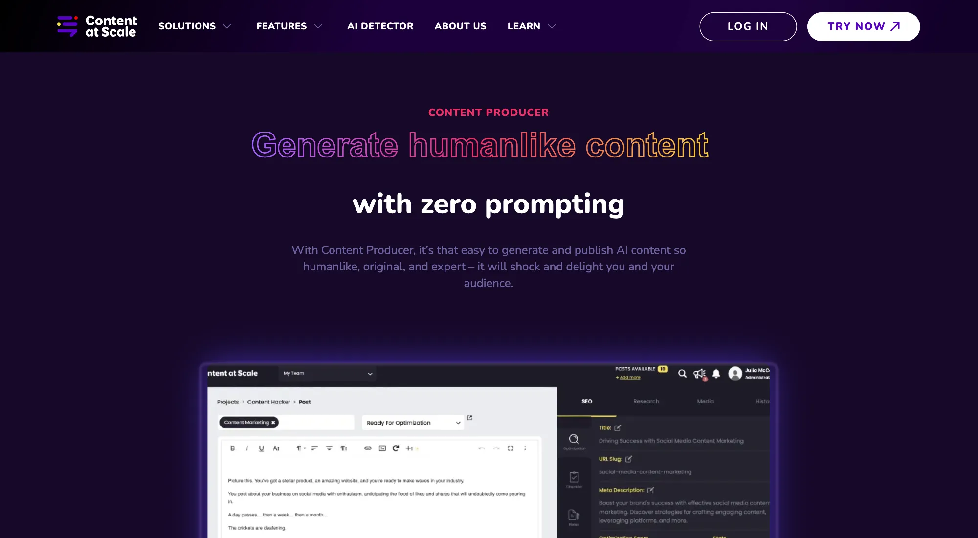 A screenshot of the Content Producer feature page on content at scale