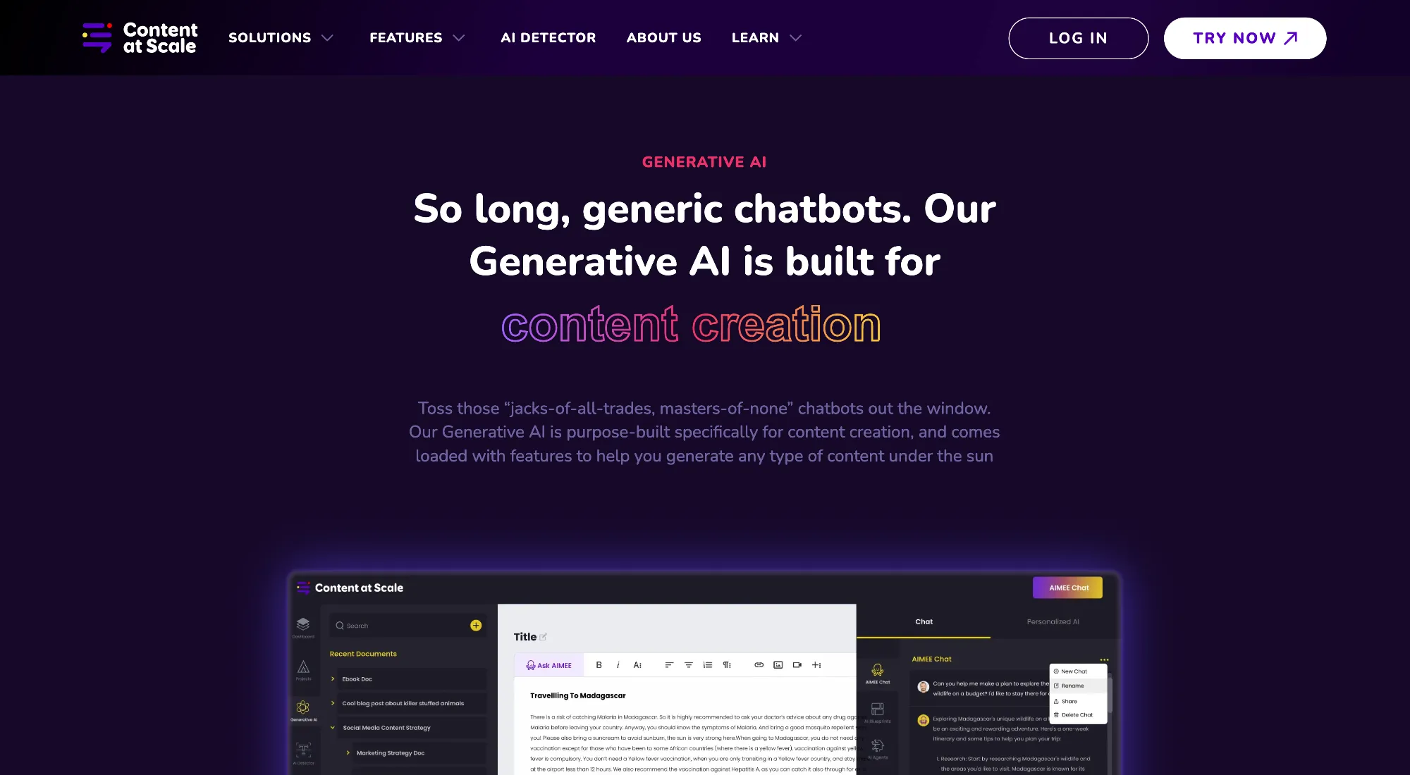 A screenshot of the Generative AI feature page on content at scale