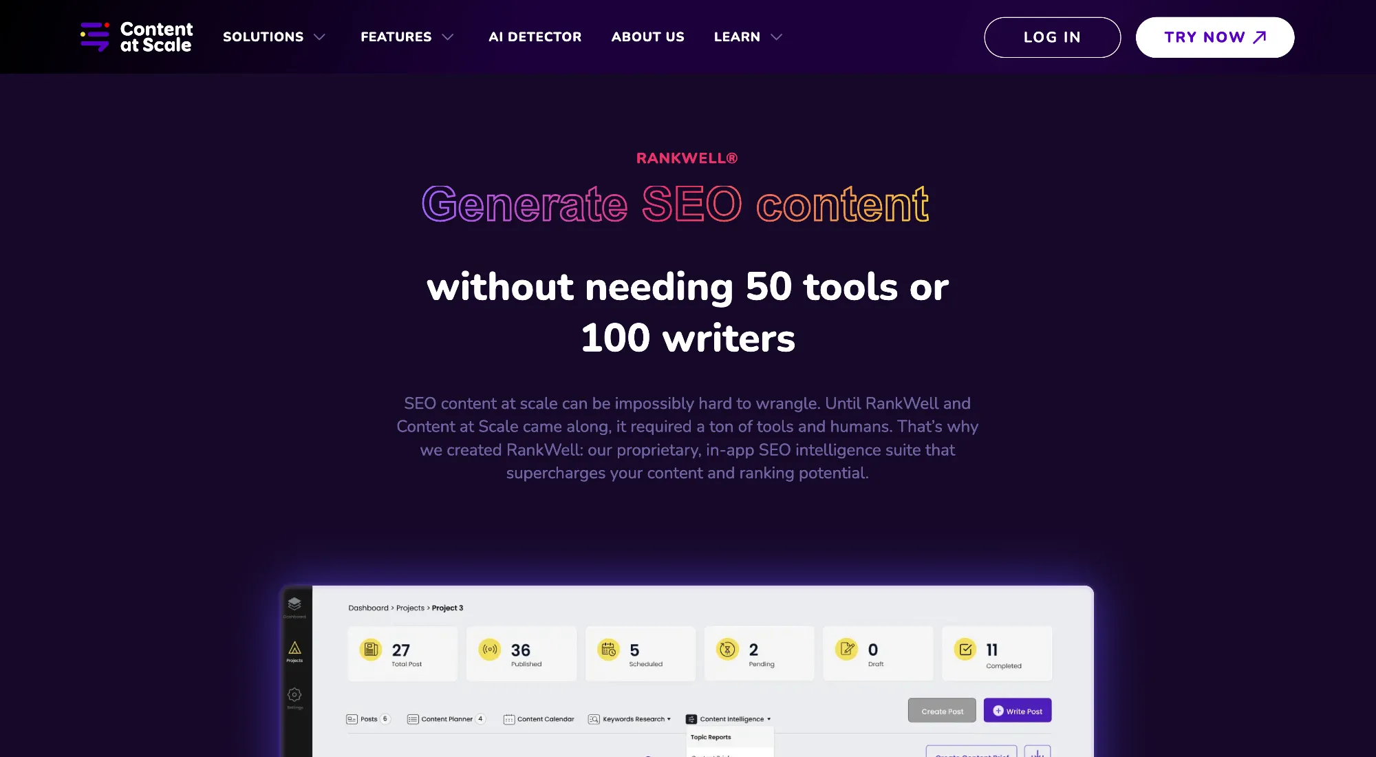 A screenshot of the RankWell feature page on content at scale