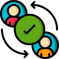 An icon of two humans with a green check mark in the middle with arrows pointing back and forth between them