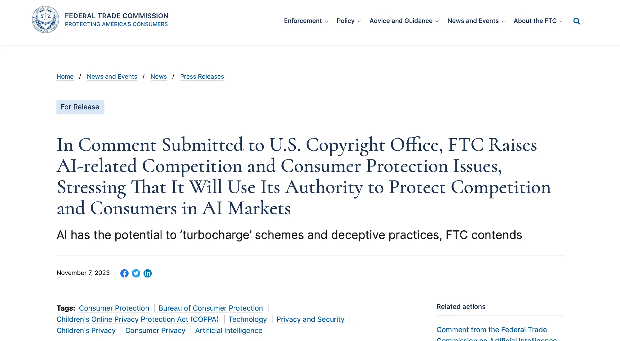 In a Rare Move, FTC Submits Concerns About AI to US Copyright Office A screenshot of the FTC's comment submission to the US Copywrite Office