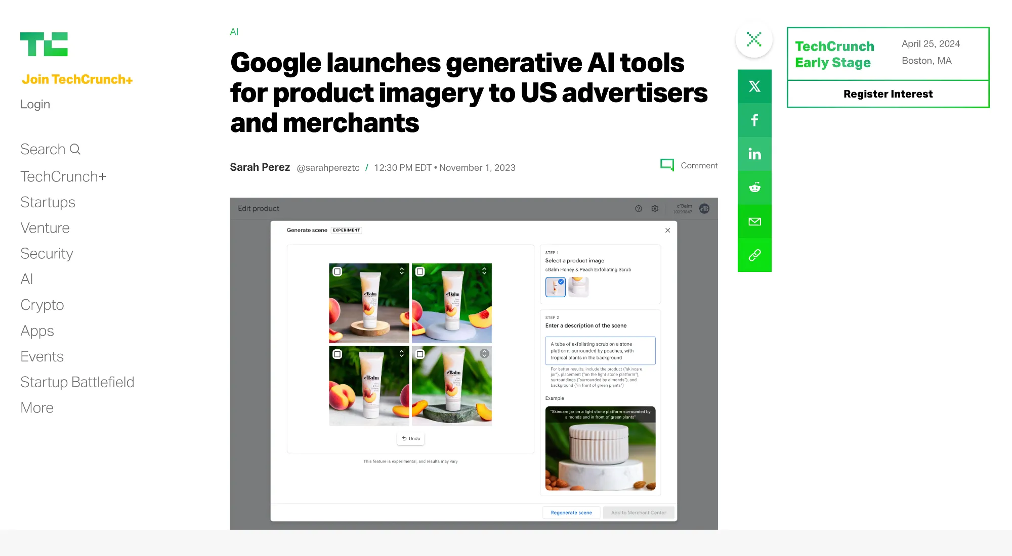 Google Launches New Genreative AI Imagery Tools A screenshot of the article from TechCrunch talking about Google's new generative AI image tools for businesses