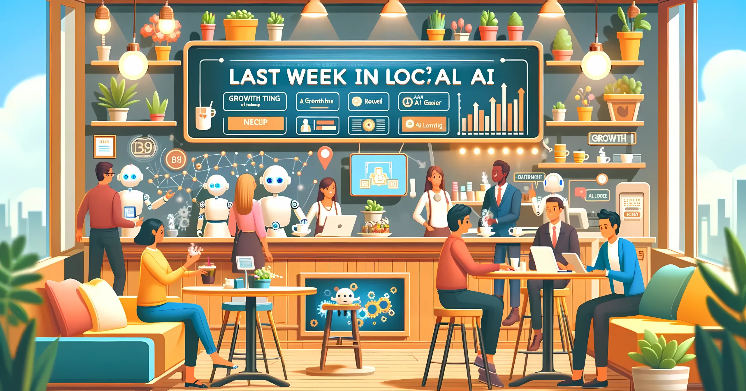 An image generated by DALLE-3 depicting Last Week in Local AI. It's a scene of a local coffee shop being operated by AI robots and humans with the phrase Last Week in Local AI printed on the menu boards.