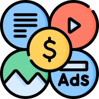 An icon of four media types with a coin in the centre
