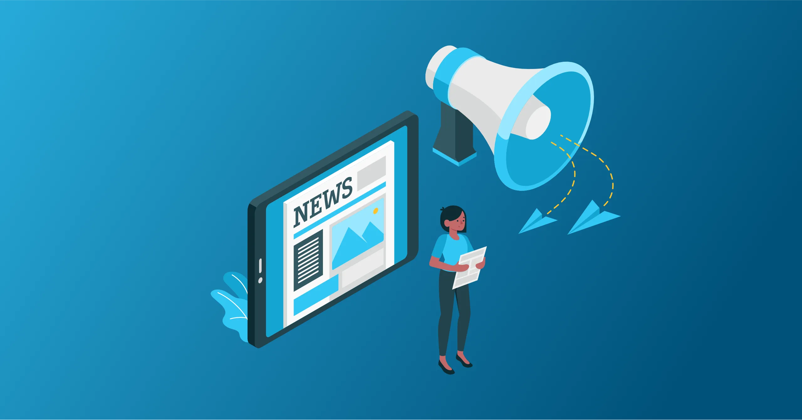 A woman standing in front of a tablet with a news article on it with a megaphone in the background