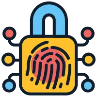 An icon of a lock with a digital fingerprint on it with circuit growing out of the lock