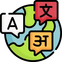 An icon of a globe with different languages in speech bubbles