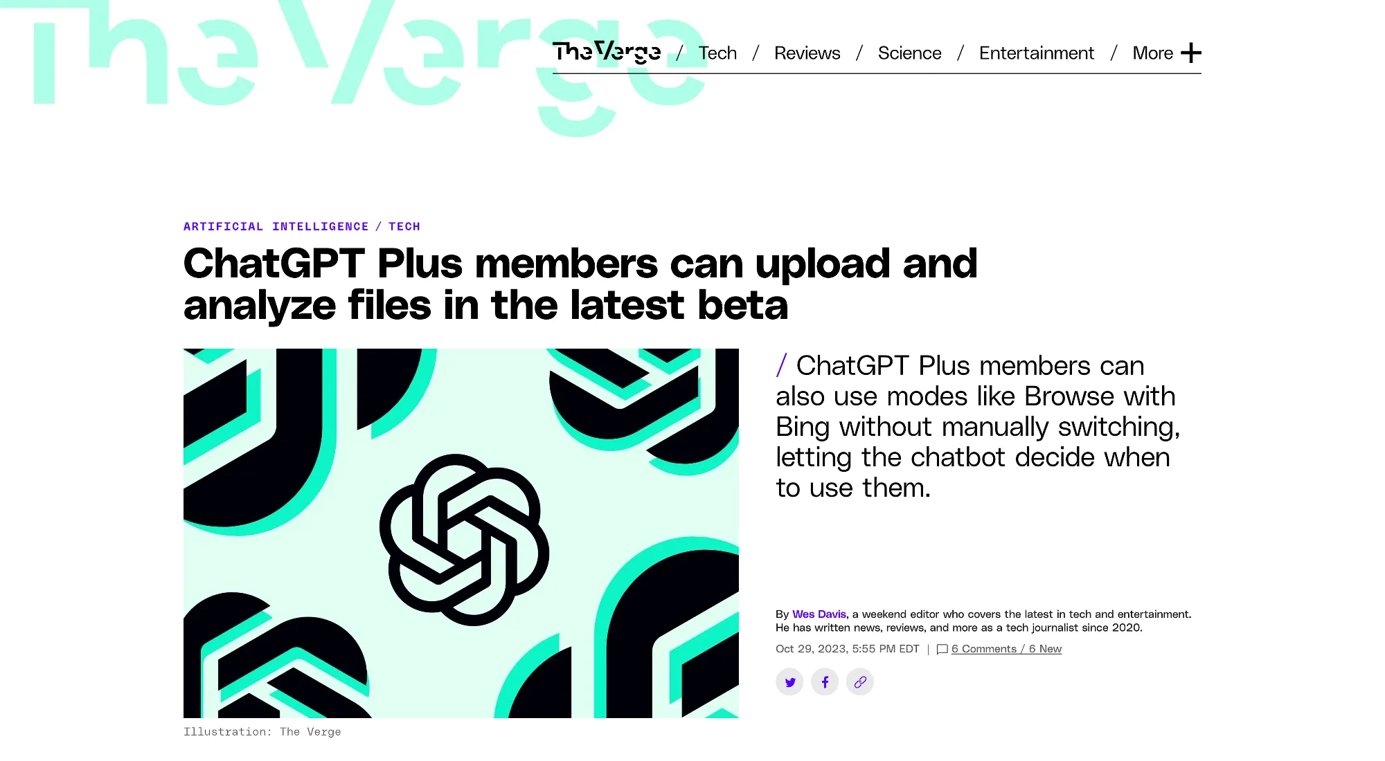 The Latest Beta Features for ChatGPT Plus Users A screenshot of The Verge article talking about ChatGPT latest beta features for ChatGPT Plus users